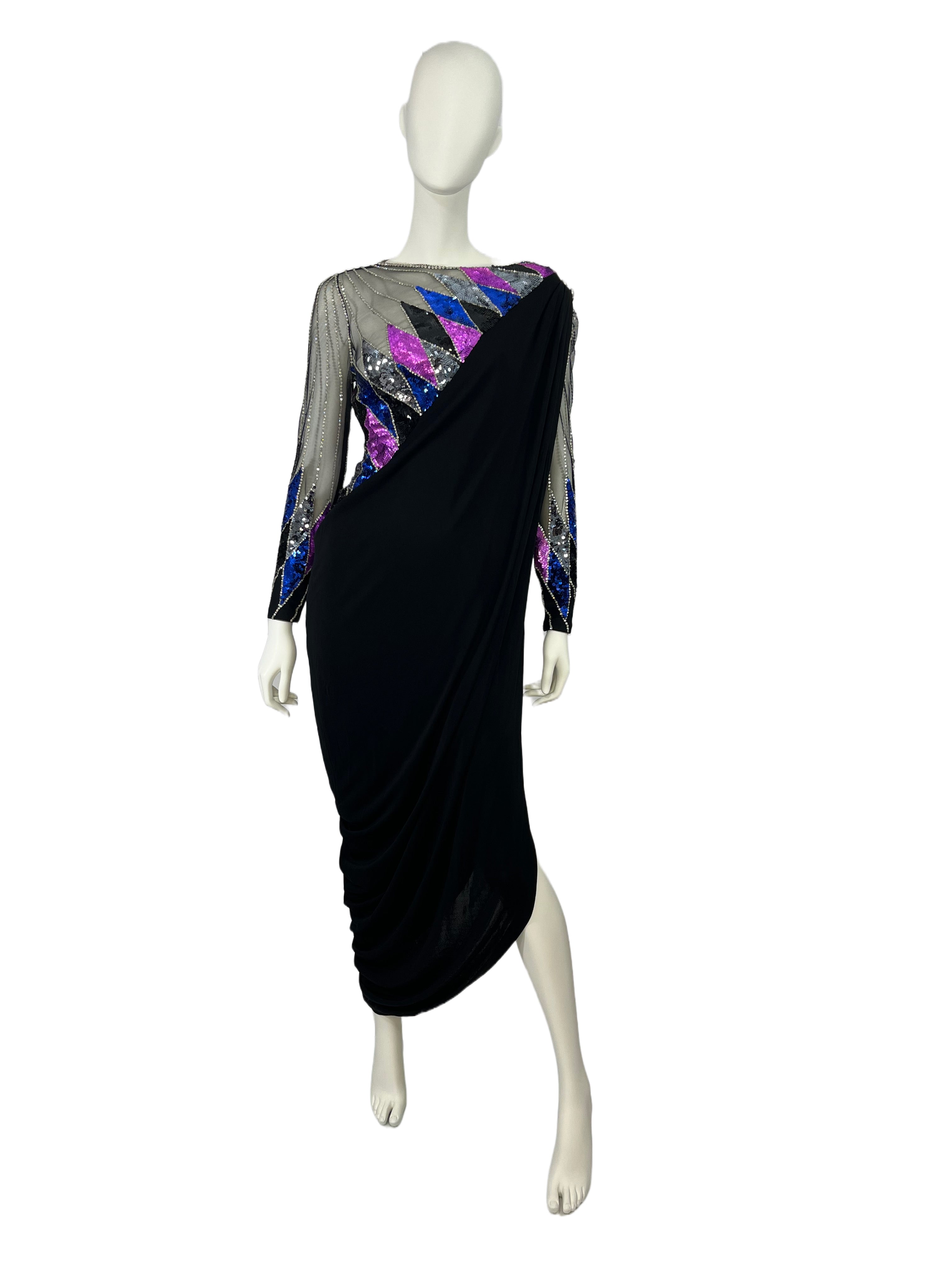 Bob Mackie Vintage Harlequin Black Sequin Detailed Dress