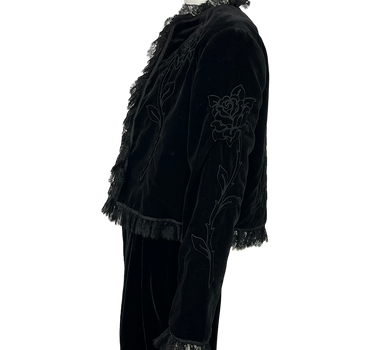 Bill Blass Vintage Black Velvet Rose Embroidered & Lace Trim Blazer