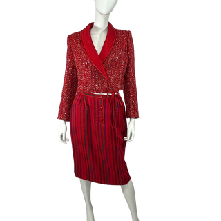 Valentino Boutique Quilted Collar Speckle Design Jacket & Strip Print Skirt Set