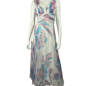 Vintage 60’s Chiffon Floral Watercolor Print Design Maxi Dress